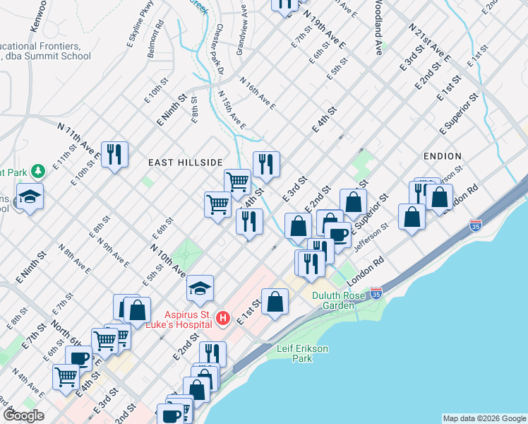 map of restaurants, bars, coffee shops, grocery stores, and more near 1301 East 3rd Street in Duluth