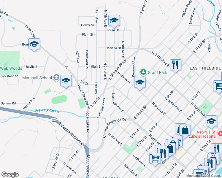 map of restaurants, bars, coffee shops, grocery stores, and more near 1201 North 7th Avenue East in Duluth