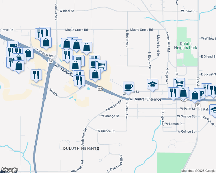 map of restaurants, bars, coffee shops, grocery stores, and more near 517 West Central Entrance in Duluth