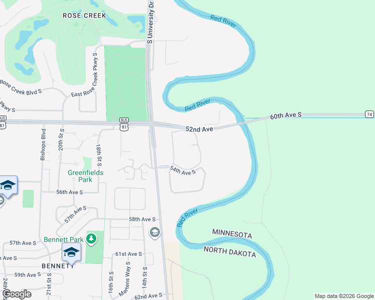 map of restaurants, bars, coffee shops, grocery stores, and more near 5320 12th Street South in Fargo