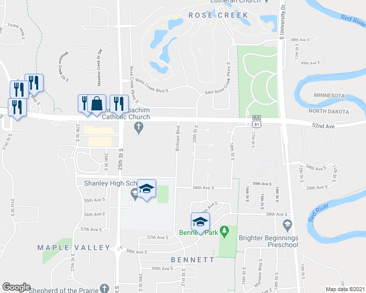 map of restaurants, bars, coffee shops, grocery stores, and more near 5482 Bishops Boulevard in Fargo