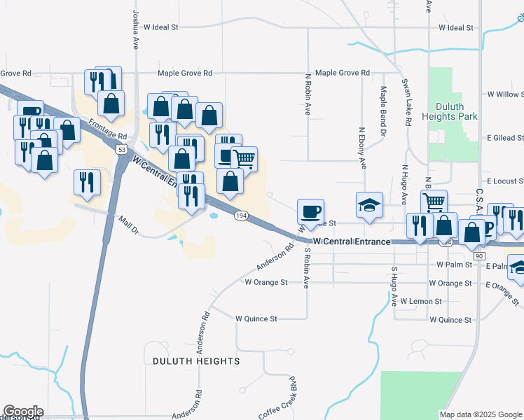 map of restaurants, bars, coffee shops, grocery stores, and more near 605 West Central Entrance in Duluth