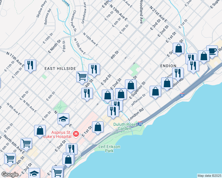 map of restaurants, bars, coffee shops, grocery stores, and more near 1406 East 2nd Street in Duluth