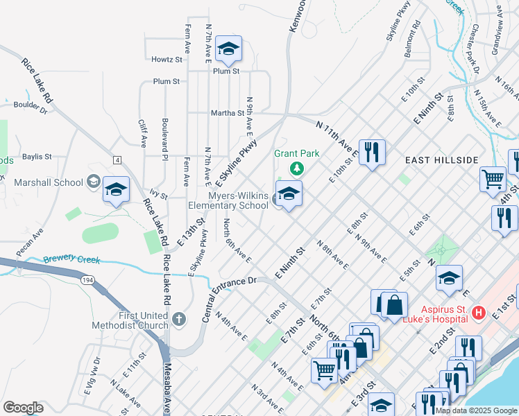map of restaurants, bars, coffee shops, grocery stores, and more near 721 East 11th Street in Duluth