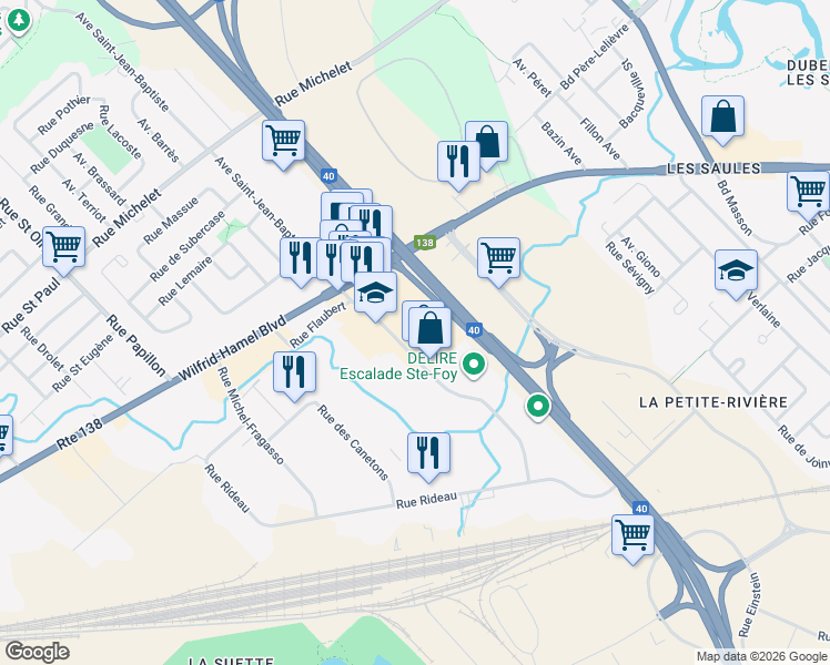 map of restaurants, bars, coffee shops, grocery stores, and more near 1400 Avenue Saint-Jean-Baptiste in Québec City