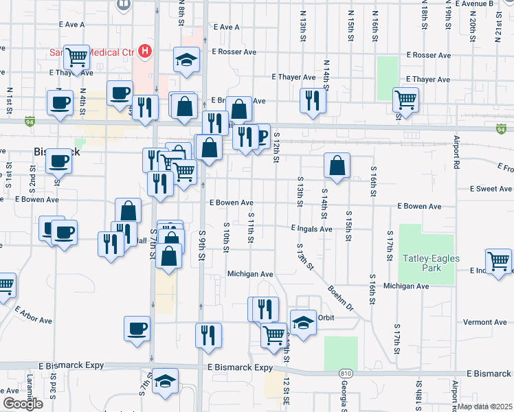 map of restaurants, bars, coffee shops, grocery stores, and more near 1105 East Bowen Avenue in Bismarck