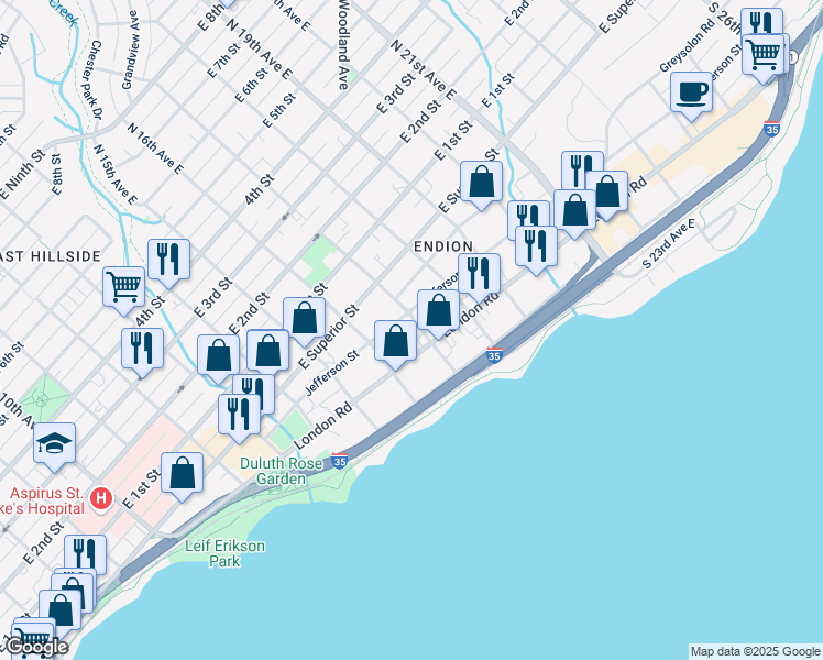 map of restaurants, bars, coffee shops, grocery stores, and more near 211 South 17th Avenue East in Duluth