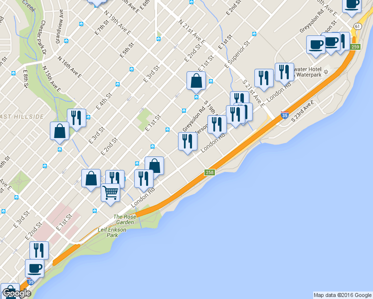 map of restaurants, bars, coffee shops, grocery stores, and more near 1615 London Road in Duluth