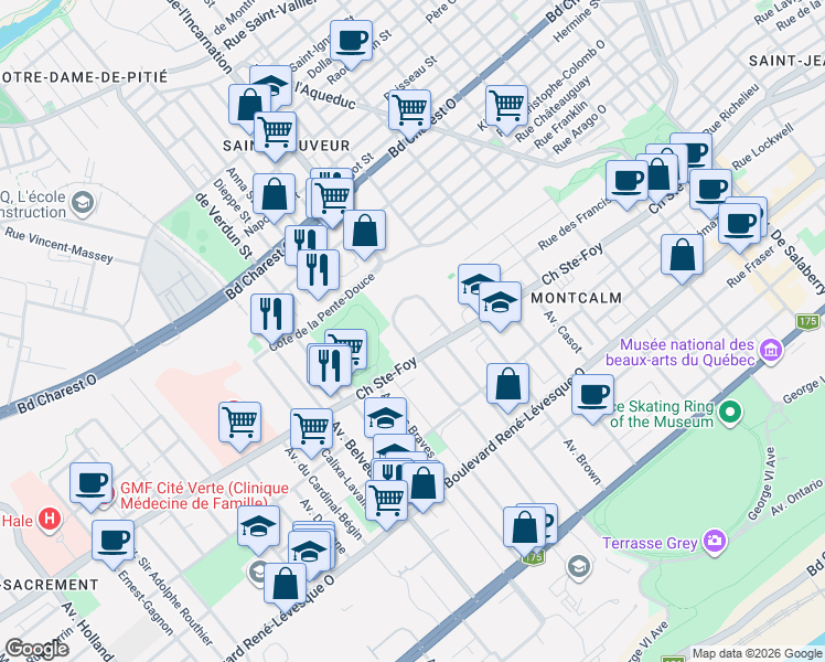 map of restaurants, bars, coffee shops, grocery stores, and more near 775 Avenue Murray in Québec
