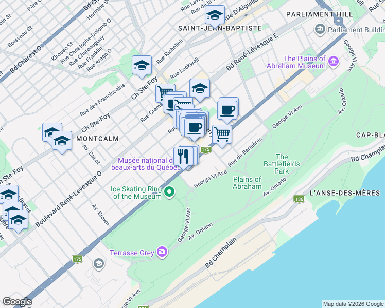 map of restaurants, bars, coffee shops, grocery stores, and more near 140 Grande Allée Est in Québec
