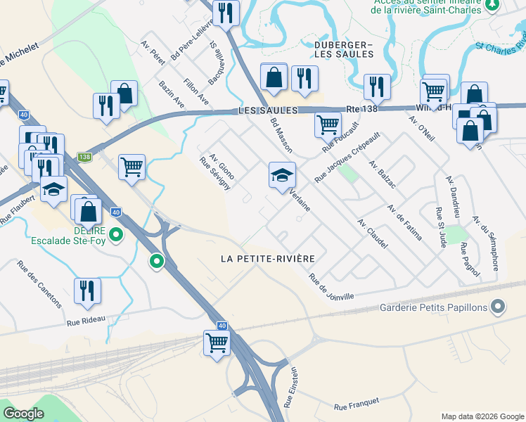 map of restaurants, bars, coffee shops, grocery stores, and more near 4502 Rue Jacques Crépeault in Québec