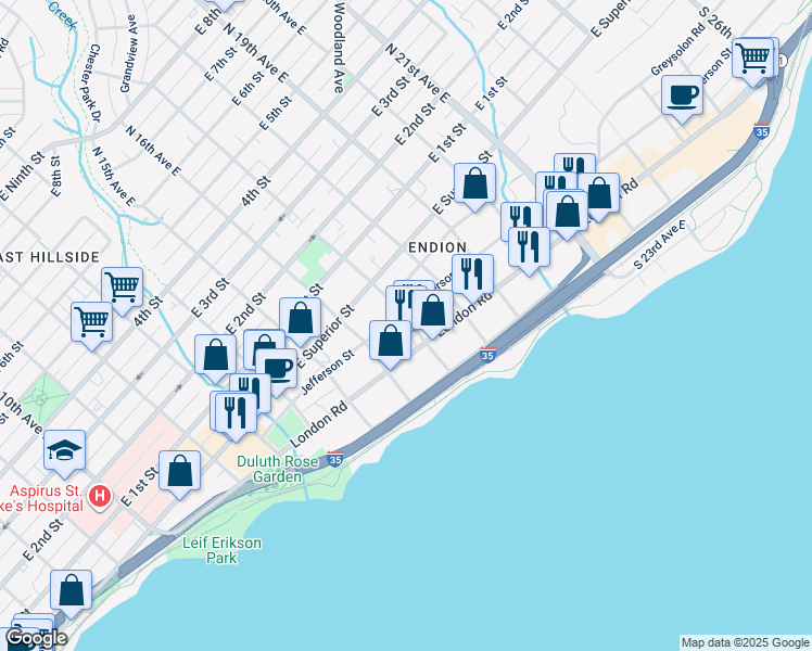map of restaurants, bars, coffee shops, grocery stores, and more near 1615 London Road in Duluth