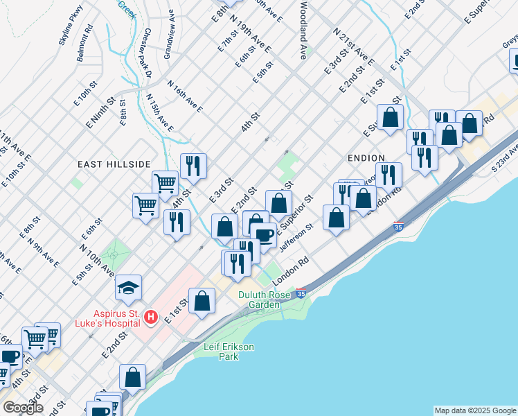 map of restaurants, bars, coffee shops, grocery stores, and more near 15 North 15th Avenue East in Duluth