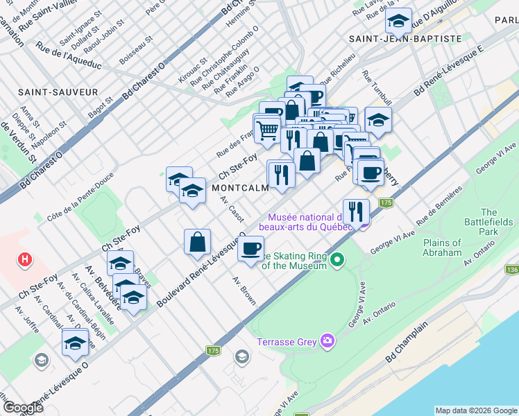 map of restaurants, bars, coffee shops, grocery stores, and more near 991 Avenue de Manrèse in Québec