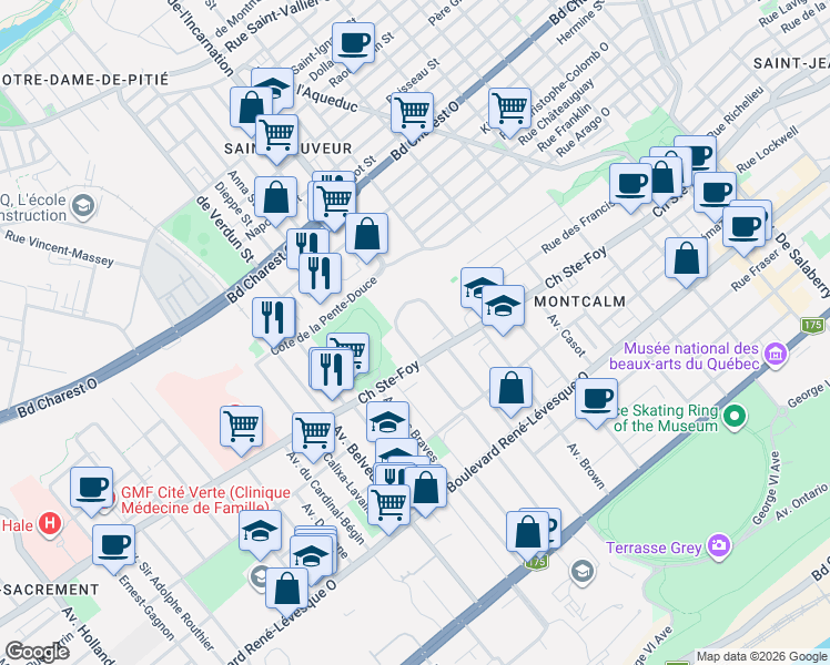 map of restaurants, bars, coffee shops, grocery stores, and more near 775 Avenue Murray in Québec