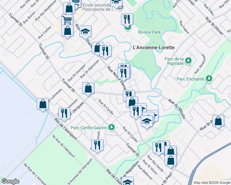 map of restaurants, bars, coffee shops, grocery stores, and more near 1408 Rue Saint Jacques in L'Ancienne-Lorette
