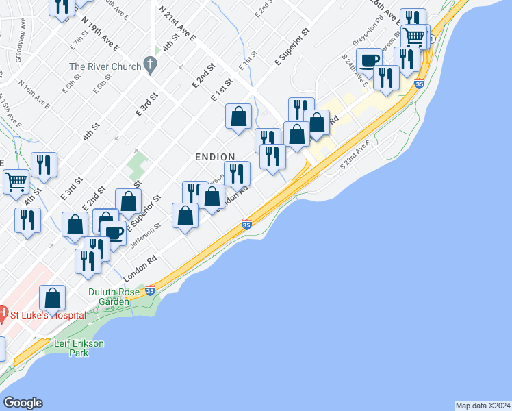 map of restaurants, bars, coffee shops, grocery stores, and more near 1819 South Street in Duluth