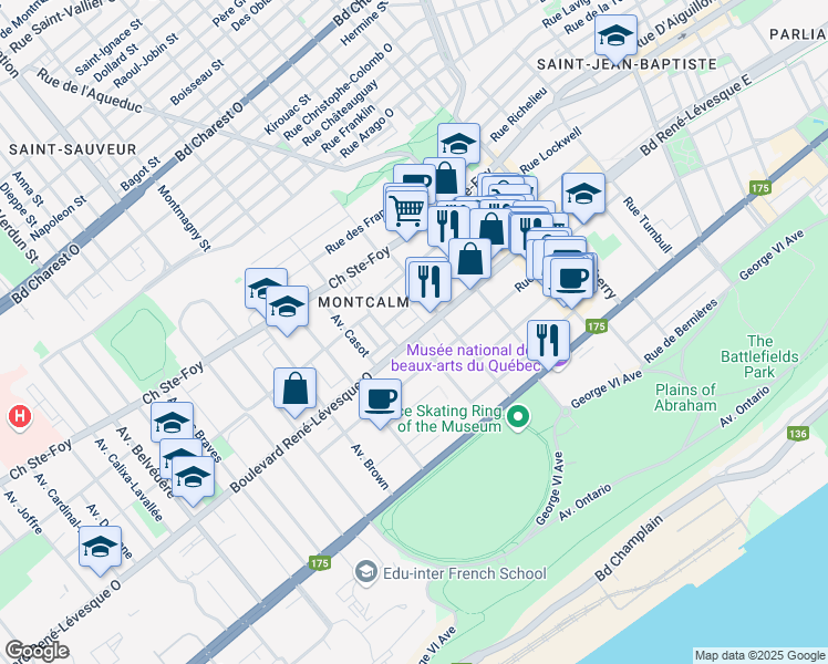 map of restaurants, bars, coffee shops, grocery stores, and more near 350 Boulevard René Lévesque Ouest in Quebec City