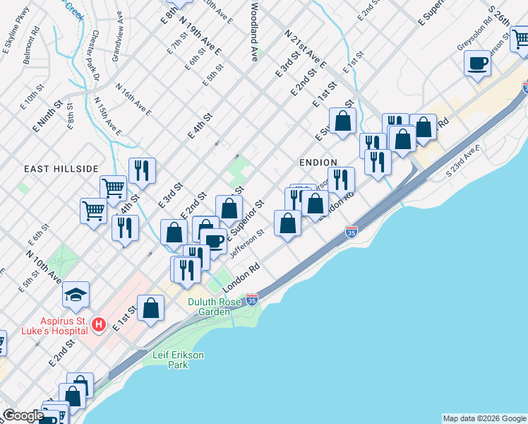map of restaurants, bars, coffee shops, grocery stores, and more near 1530 Jefferson Street in Duluth