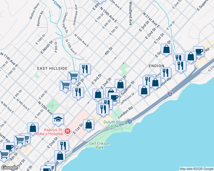 map of restaurants, bars, coffee shops, grocery stores, and more near 1424 East 2nd Street in Duluth