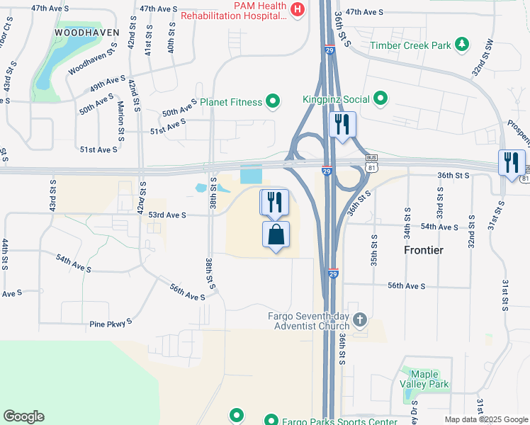 map of restaurants, bars, coffee shops, grocery stores, and more near 3757 55th Avenue South in Fargo