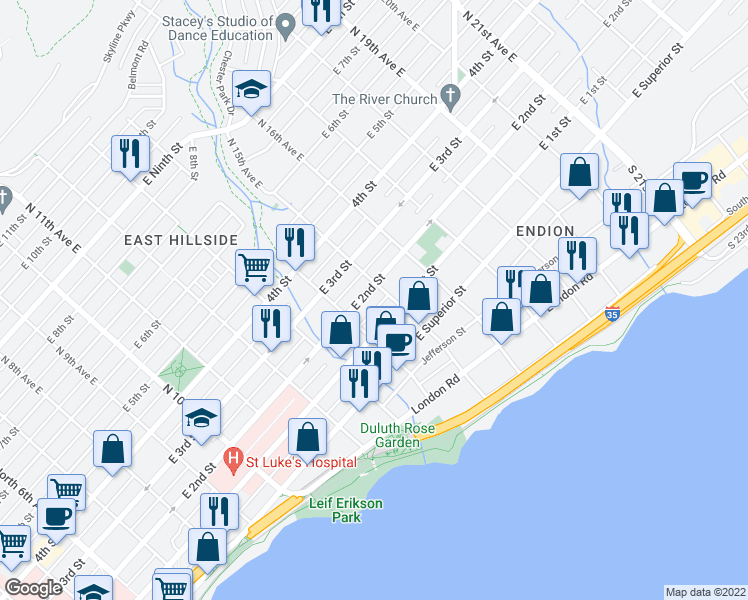 map of restaurants, bars, coffee shops, grocery stores, and more near 1401 East 1st Street in Duluth