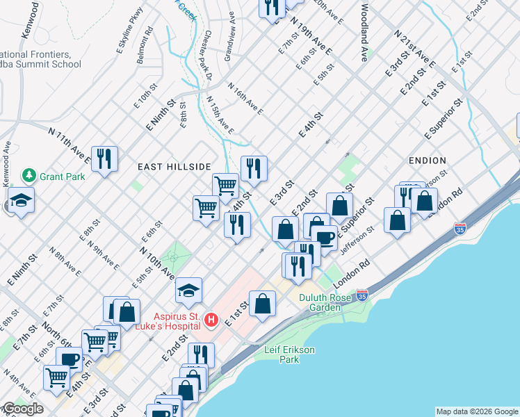map of restaurants, bars, coffee shops, grocery stores, and more near 1301 East 3rd Street in Duluth