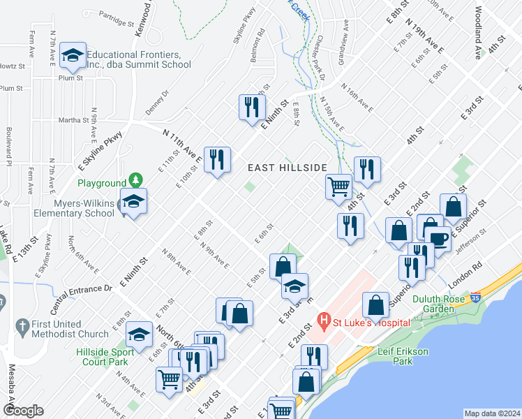 map of restaurants, bars, coffee shops, grocery stores, and more near 532 North 11th Avenue East in Duluth