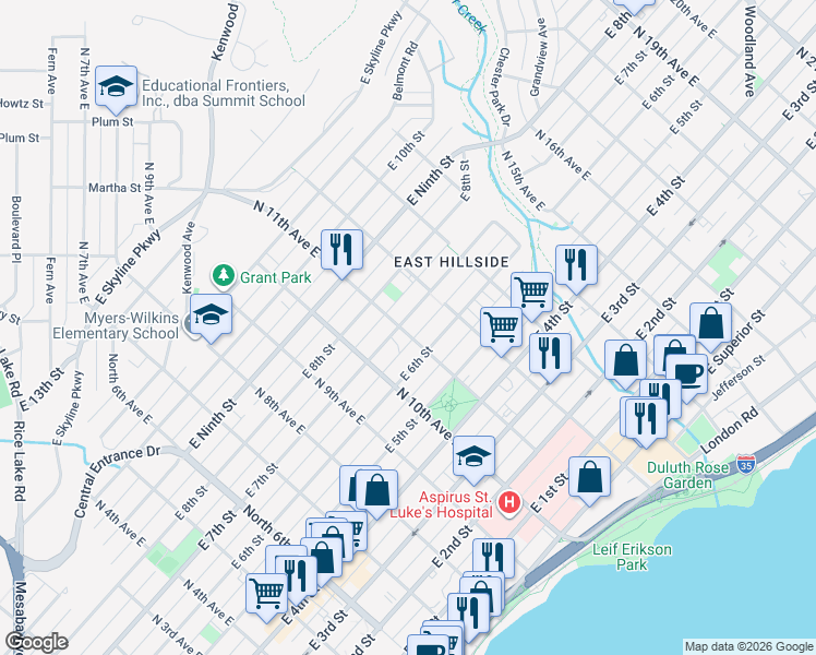 map of restaurants, bars, coffee shops, grocery stores, and more near in Duluth