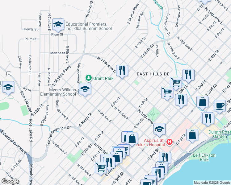 map of restaurants, bars, coffee shops, grocery stores, and more near 913 East 8th Street in Duluth