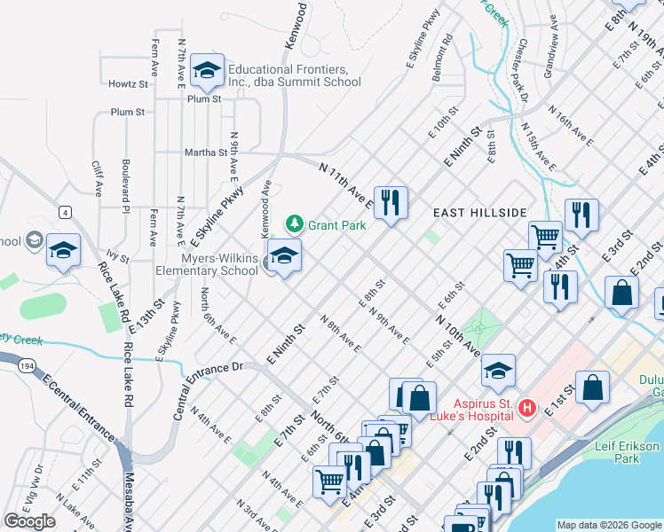 map of restaurants, bars, coffee shops, grocery stores, and more near 829 East 9th Street in Duluth