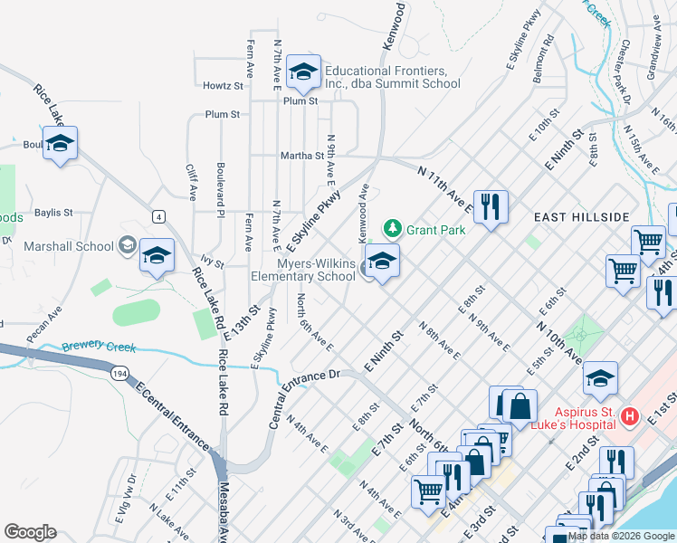 map of restaurants, bars, coffee shops, grocery stores, and more near 703 East 11th Street in Duluth