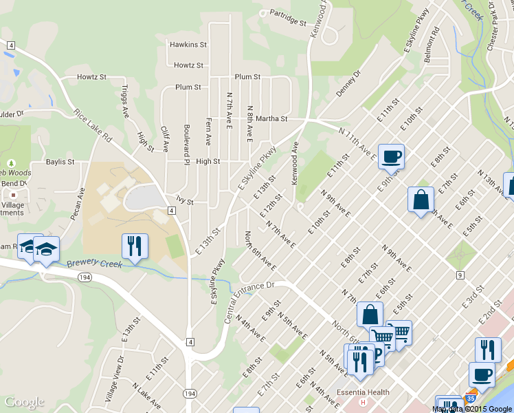 map of restaurants, bars, coffee shops, grocery stores, and more near 1201 North 7th Avenue East in Duluth