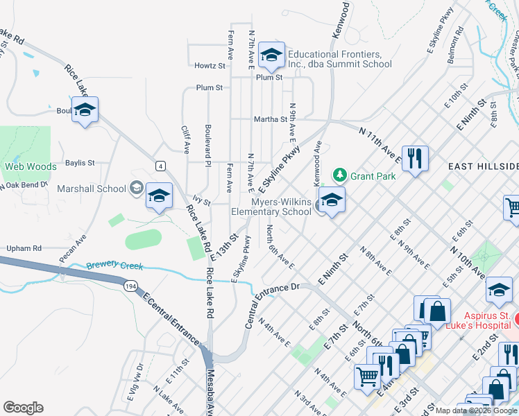 map of restaurants, bars, coffee shops, grocery stores, and more near 618 East Skyline Parkway in Duluth