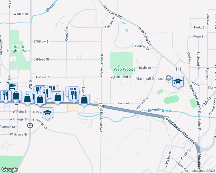 map of restaurants, bars, coffee shops, grocery stores, and more near 304 North Blackman Avenue in Duluth