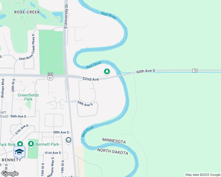 map of restaurants, bars, coffee shops, grocery stores, and more near 5418 11th Street South in Fargo