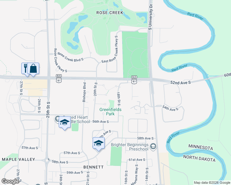 map of restaurants, bars, coffee shops, grocery stores, and more near 1910 54th Avenue South in Fargo