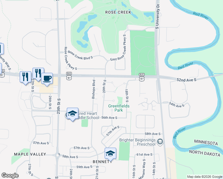 map of restaurants, bars, coffee shops, grocery stores, and more near 1946 54th Avenue South in Fargo