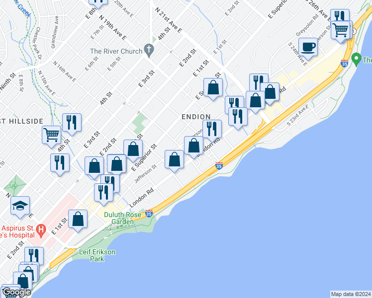 map of restaurants, bars, coffee shops, grocery stores, and more near 1615 London Road in Duluth