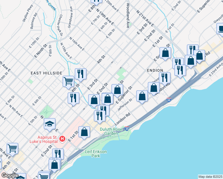 map of restaurants, bars, coffee shops, grocery stores, and more near 1501 East 1st Street in Duluth