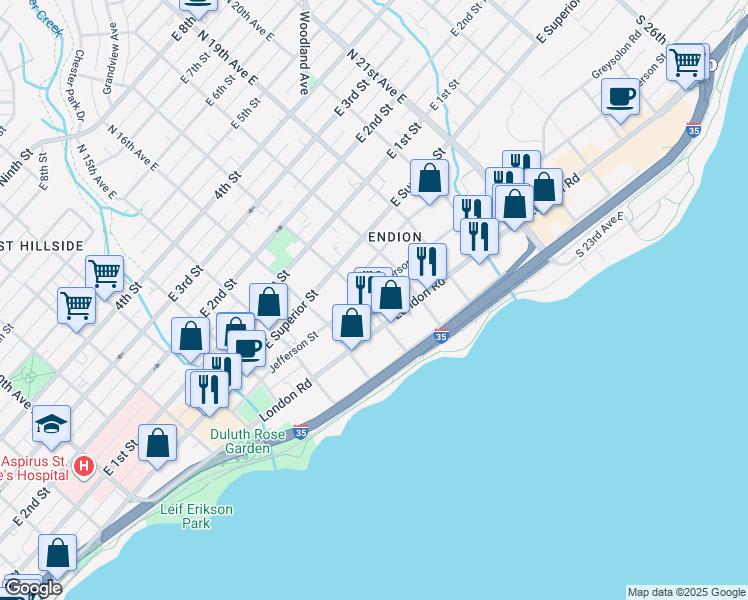 map of restaurants, bars, coffee shops, grocery stores, and more near 1702 Jefferson Street in Duluth
