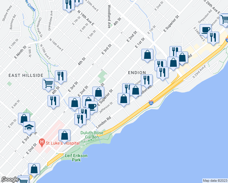 map of restaurants, bars, coffee shops, grocery stores, and more near 1608 East Superior Street in Duluth