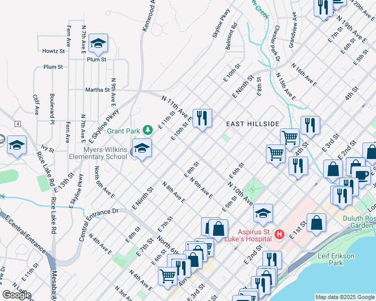 map of restaurants, bars, coffee shops, grocery stores, and more near 825 North 10th Avenue East in Duluth