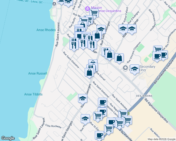 map of restaurants, bars, coffee shops, grocery stores, and more near 41 Rue Saint-Antoine in Lévis