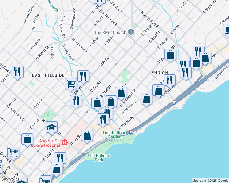 map of restaurants, bars, coffee shops, grocery stores, and more near 1522 East 2nd Street in Duluth