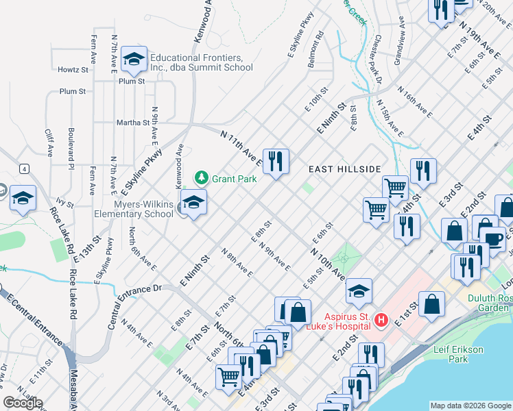 map of restaurants, bars, coffee shops, grocery stores, and more near 1007 East 9th Street in Duluth