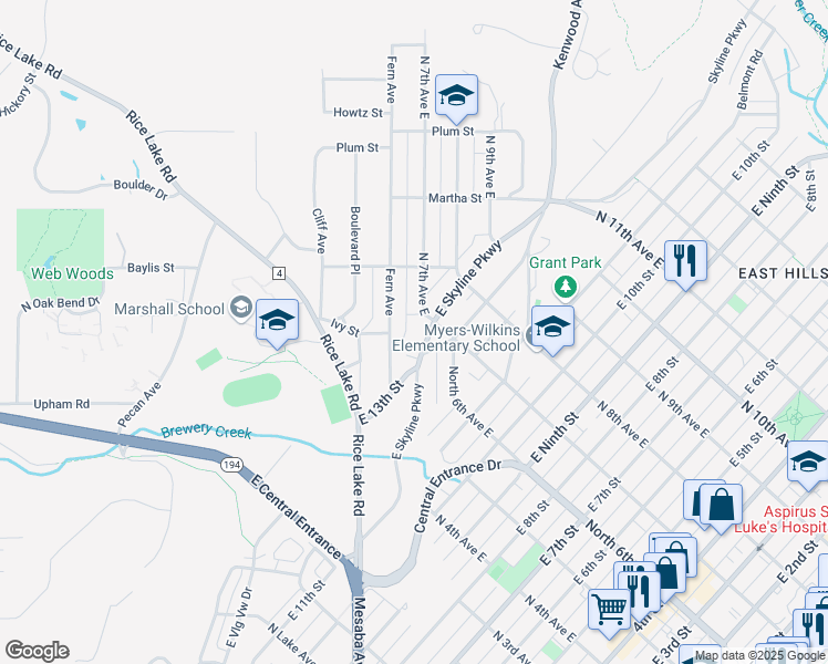 map of restaurants, bars, coffee shops, grocery stores, and more near 701 East Skyline Parkway in Duluth