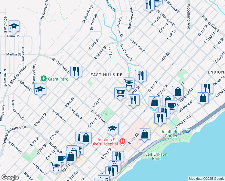 map of restaurants, bars, coffee shops, grocery stores, and more near 522 North 12th Avenue East in Duluth