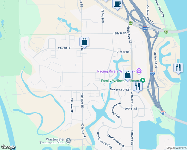 map of restaurants, bars, coffee shops, grocery stores, and more near 4302 Shoal Loop Southeast in Mandan