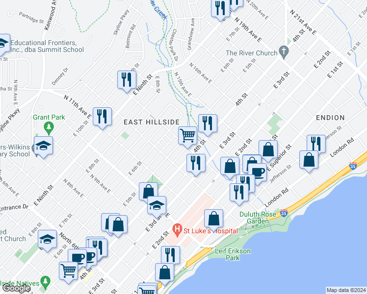 map of restaurants, bars, coffee shops, grocery stores, and more near 421 North 13th Avenue East in Duluth